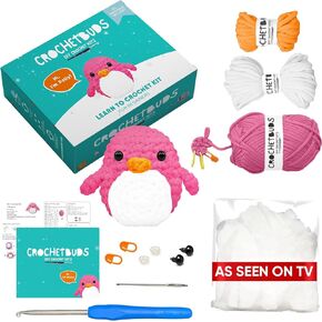 CROCHETBUDS Crochet Kit for Beginners | Penguin Pattern | Crochet Kit for Adults, Teens, & Kids w/Instructions, Easy to Use Yarn Bundle, Hook, Needles | Includes Step-by-Step Video & Written Tutorial