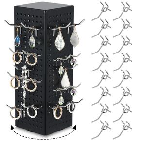 Geelin Rotating Countertop Display Kit with 16 Peg Hooks Four Sided Pegboard Spinner Organizer 4 x 4 x 12 Inches Retail Display Racks Revolving Metal Countertop Display for Keychain Supplies (White)