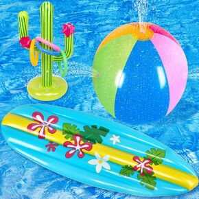 Maqiauly Inflatable Luau Party Decorations Ring Cactus Toss Game Water Sprinkler Ball Surfboard Pool Toys Beach Hawaiian Summer Decor