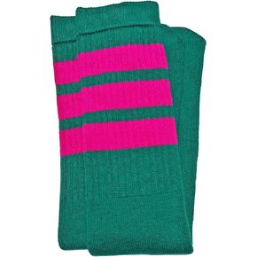 SKATERSOCKS One Pair of Italian Mid Calf Teal Tube Socks with Hot Pink Stripes - Style 1