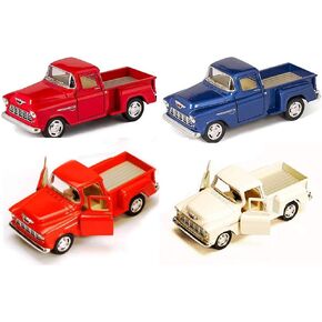 Kinsmart Set of 4 Trucks:1955 Chevy Stepside Pickup Truck with Pull Back 5" Long (Orange, Blue, Red and Cream)