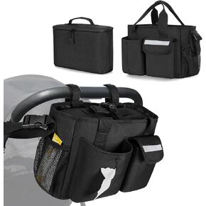 GRAOSO Universal Stroller Organizer with Cooler, Wagon Storage Attachment Fits for Handlebars Distance 14"-22", with 2 Side Buckle Strap & Back Magic Tape Loops, Easy Carrying Handle Strap, Black