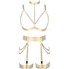 Women Body Chain Harness Garter Belt Stockings Suspender belt Leg Waist Strappy Full Lingerie Set Rave Goth Punk 2 Piece