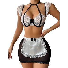 WDIRARA Women's 3 Piece Sets Contrast Lace Colorblock Bow Front Low Rise Underwire Halter Lingerie Set