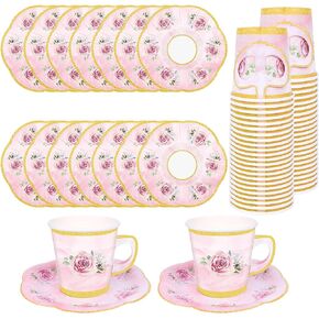 50 Pcs Paper Tea Cups and Plates Pink Floral Paper Teacups and Saucer Sets Disposable Tea Party Decorations with Gold Rim for Hot and Cold Drinks for Wedding Birthday Baby Shower Tea Party, Serve 25