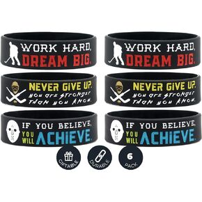 (6-Pack) Motivational Hockey Wristbands with Sports Quotes - Hockey Gifts Jewelry Accessories for Hockey Players Team Awards Party Favors - Unisex for Men and Women