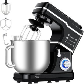 خلاط طعام بحامل 7.5QT من Garvee، رأس إمالة 10 سرعات 3 في 1 خلاط كهربائي للمطبخ مع وعاء من الفولاذ المقاوم للصدأ، خفق بيض، خطاف عجين، خافق، واقي من الرذاذ، خلاط عجين مدمج للطهي المنزلي، أسود
