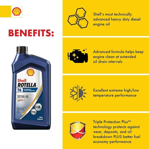 زيت محرك Shell Rotella 550019921-3PK T6 اصطناعي كامل للخدمة الشاقة 5W-40، 1 جالون، عبوة من 3 قطع in Saudi Arabia