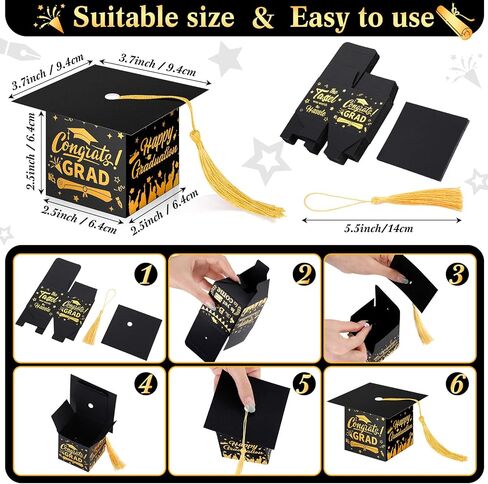 Crtiin 100 Pcs Graduation Candy Boxes with Tassel Graduation Party Favors 2024 Graduation Gifts Graduation Decorations Grad Cap Candy Box for Candy Biscuit Chocolate Supplies (Black and Gold) in Saudi Arabia