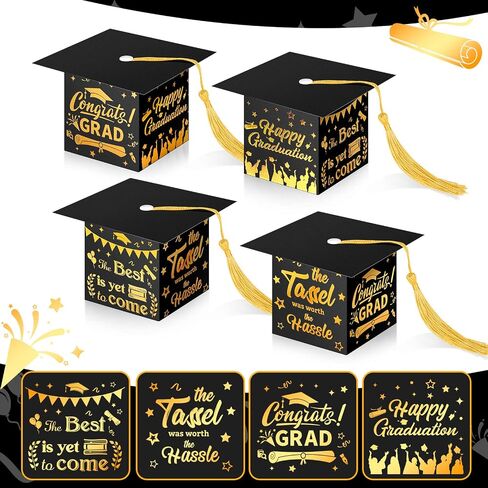 Crtiin 100 Pcs Graduation Candy Boxes with Tassel Graduation Party Favors 2024 Graduation Gifts Graduation Decorations Grad Cap Candy Box for Candy Biscuit Chocolate Supplies (Black and Gold) in Saudi Arabia