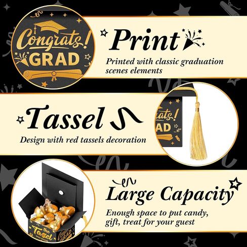 Crtiin 100 Pcs Graduation Candy Boxes with Tassel Graduation Party Favors 2024 Graduation Gifts Graduation Decorations Grad Cap Candy Box for Candy Biscuit Chocolate Supplies (Black and Gold) in Saudi Arabia