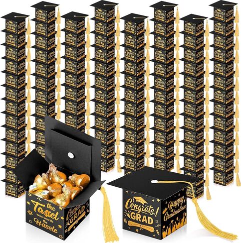 Crtiin 100 Pcs Graduation Candy Boxes with Tassel Graduation Party Favors 2024 Graduation Gifts Graduation Decorations Grad Cap Candy Box for Candy Biscuit Chocolate Supplies (Black and Gold) in Saudi Arabia