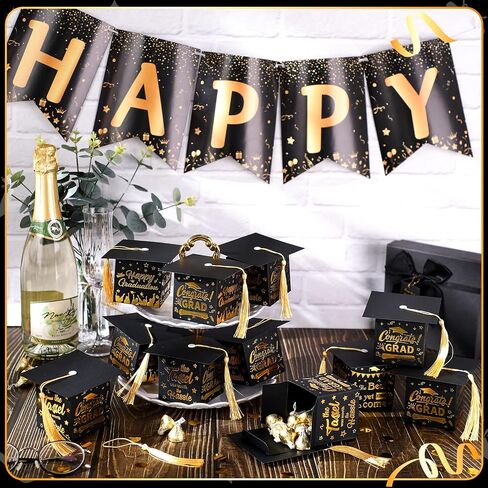 Crtiin 100 Pcs Graduation Candy Boxes with Tassel Graduation Party Favors 2024 Graduation Gifts Graduation Decorations Grad Cap Candy Box for Candy Biscuit Chocolate Supplies (Black and Gold) in Saudi Arabia