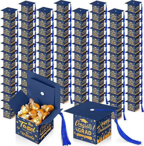 Crtiin 100 Pcs Graduation Candy Boxes with Tassel Graduation Party Favors 2024 Graduation Gifts Graduation Decorations Grad Cap Candy Box for Candy Biscuit Chocolate Supplies (Black and Gold) in Saudi Arabia