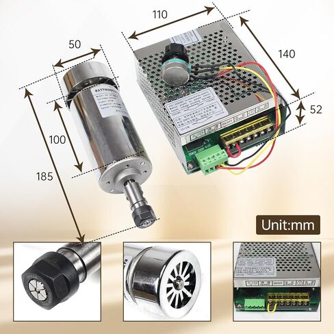 RATTMMOTOR CNC مجموعة محرك المغزل، 0.4KW محرك المغزل المبرد بالهواء 52 مم 12-48 فولت تيار مستمر 12000 دورة في الدقيقة + محول طاقة سرعة المغزل AC110V/220 فولت مع وظيفة Mach3 + حامل عمود دوران 52 مم لجهاز التوجيه CNC in Kuwait