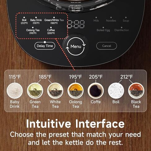 Hot Tea Maker Glass Electric Kettle with Infuser and Temperature Control,1.5L Stainless Steel 1200W Rapid Boiling,Programmable Control for your Favorite Teas and Coffee,Black in Kuwait