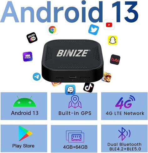 BINIZE The Carplay Ai Box Magic AI Box 2.0 Wireless Carplay/Android جهاز بث تلقائي للسيارة Android 13 Magicbox Carplay يدعم NetfIix/YouTube/Tiktok/Hulu/Disney+ 8Core مع خط إمداد الطاقة in Kuwait