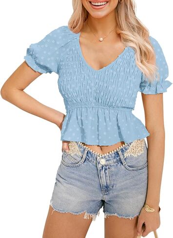 قمصان MIHOLL Peplum للنساء صيفية لطيفة قصيرة بيبي دول بأكمام منتفخة بلوزات أنيقة غير رسمية بأكمام قصيرة ورقبة على شكل V in Kuwait