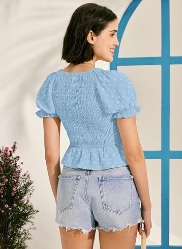 قمصان MIHOLL Peplum للنساء صيفية لطيفة قصيرة بيبي دول بأكمام منتفخة بلوزات أنيقة غير رسمية بأكمام قصيرة ورقبة على شكل V in Kuwait
