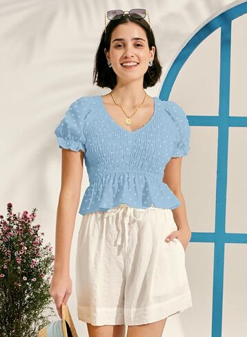 قمصان MIHOLL Peplum للنساء صيفية لطيفة قصيرة بيبي دول بأكمام منتفخة بلوزات أنيقة غير رسمية بأكمام قصيرة ورقبة على شكل V in Kuwait