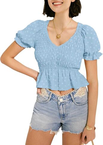 قمصان MIHOLL Peplum للنساء صيفية لطيفة قصيرة بيبي دول بأكمام منتفخة بلوزات أنيقة غير رسمية بأكمام قصيرة ورقبة على شكل V in Kuwait