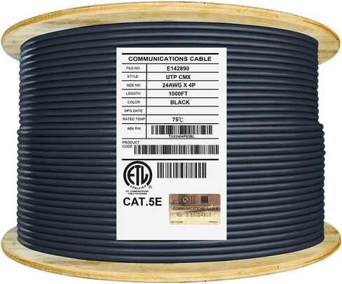 Elite Cat5e Outdoor Cable. CMX - UV Resistant, 1000ft, UL Listed, 24AWG, Unshielded, 350MHz, Bulk Reel, Black in Saudi Arabia