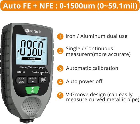 Neoteck طلاء السيارات قياس سمك متر المحمولة مع الخلفية شاشة الكريستال السائل لكل من الصلب والألومنيوم قاعدة سيارة معدنية 0-1500um in Saudi Arabia