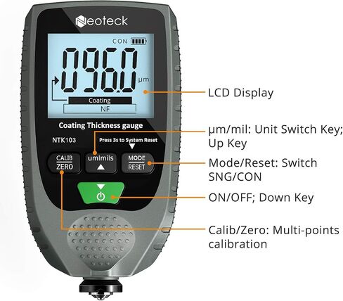 Neoteck طلاء السيارات قياس سمك متر المحمولة مع الخلفية شاشة الكريستال السائل لكل من الصلب والألومنيوم قاعدة سيارة معدنية 0-1500um in Saudi Arabia