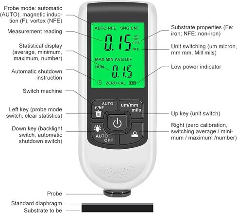 جهاز قياس سمك طلاء السيارة من أو بي دي ريسورس لمشتري السيارات المستعملة، شاشة عرض واضحة ABS، اختبار ذكي عالي الدقة، التعرف تلقائيًا على الركيزة لقياس سمك طلاء السيارات in Kuwait