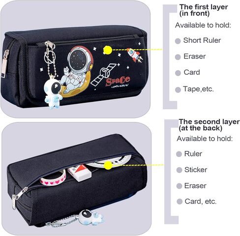 مقلمة BAUBLE CROWN للأولاد، حافظة أقلام كرتونية ذات سعة كبيرة للفتيات، حامل أقلام لطلاب المدارس، صندوق تخزين للأطفال مع قلادة رائد فضاء (أزرق، طبقتان) in Kuwait