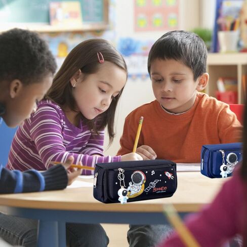 مقلمة BAUBLE CROWN للأولاد، حافظة أقلام كرتونية ذات سعة كبيرة للفتيات، حامل أقلام لطلاب المدارس، صندوق تخزين للأطفال مع قلادة رائد فضاء (أزرق، طبقتان) in Kuwait