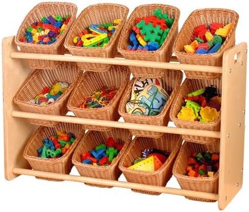 رف سلال خشبي من شركة Constructive Playthings يتضمن 12 سلة منسوجة بلاستيكية مستطيلة in Saudi Arabia