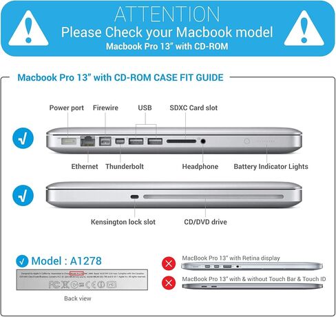 IBENZER Compatible with MacBook Pro 13 Inch case A1278 Release 2012-2008, Plastic Hard Shell Case with Keyboard Cover for Apple Old Version Mac Pro 13 with CD-ROM, Black, P13BK+ 1 in Saudi Arabia