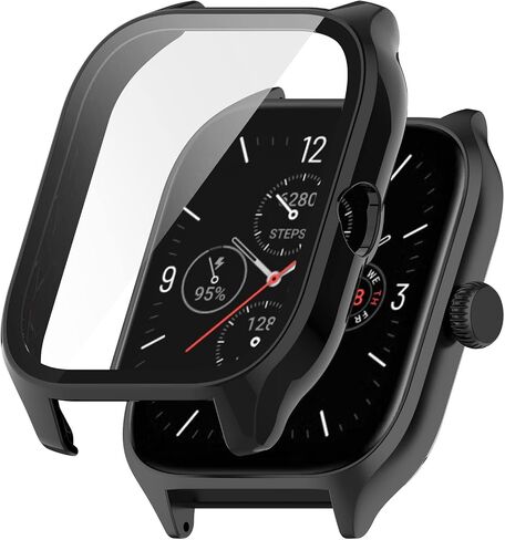 متوافق مع غطاء حافظة Amazfit GTS 4، حافظة واقية من البولي كربونات مقاومة للخدش مع واقي شاشة من الزجاج المقوى عالي الدقة لساعة Amazfit GTS 4 الذكية (ليس لـ GTS4 Mini) (أسود) in Kuwait