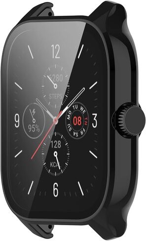 متوافق مع غطاء حافظة Amazfit GTS 4، حافظة واقية من البولي كربونات مقاومة للخدش مع واقي شاشة من الزجاج المقوى عالي الدقة لساعة Amazfit GTS 4 الذكية (ليس لـ GTS4 Mini) (أسود) in Kuwait