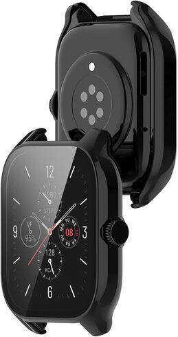 متوافق مع غطاء حافظة Amazfit GTS 4، حافظة واقية من البولي كربونات مقاومة للخدش مع واقي شاشة من الزجاج المقوى عالي الدقة لساعة Amazfit GTS 4 الذكية (ليس لـ GTS4 Mini) (أسود) in Kuwait