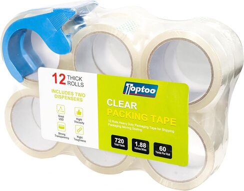 شريط تعبئة Toptoo 12 لفة مع موزعين، شريط تغليف شديد التحمل للشحن والتعبئة المتحركة، 1.88 بوصة × 60 ياردة، 60 ياردة لكل لفة، 720 ياردة إجمالية in Kuwait