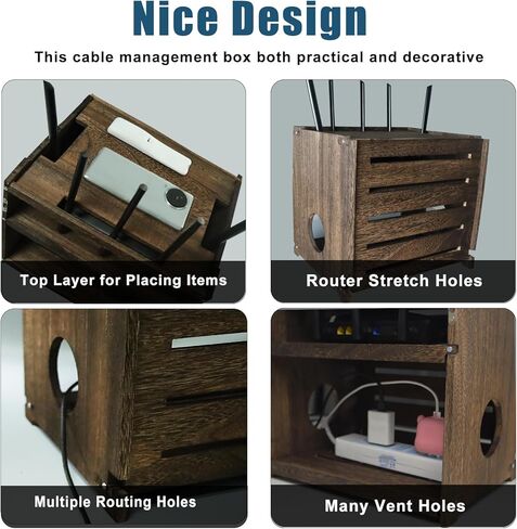 صندوق واي فاي صندوق راوتر خشبي قديم فحمي وصندوق تخزين مودم، صندوق واي فاي خشبي مزدوج الطبقة لا يوجد خزانة راوتر تحجب الإشارة in Kuwait