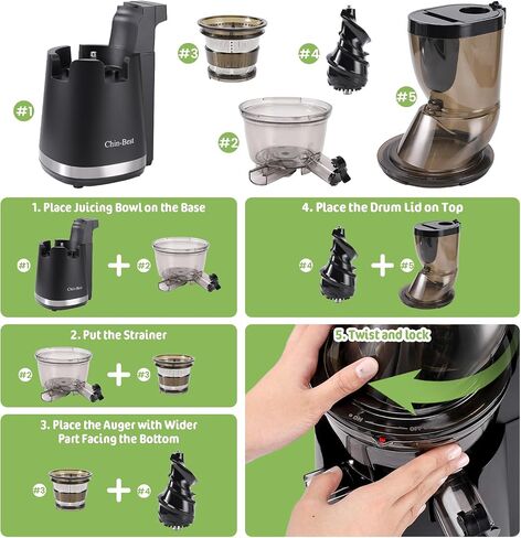 Chin-Best 250 Watt High Power Juicer - Juicer Machines with 3.5-inch (88mm) Large Feed Chute- Masticating Juicer with 96% juice yield for Fruits and Vegetables, Easy Clean, Black in Saudi Arabia