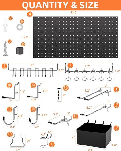 INCLY 158PCS Metal Pegboard Wall Organizer, 48x24 Inch Black Pegboard Panels Tool Organizer Kit with Accessories Hooks and Bins, Peg Board Utility Tool Storage for Garage Workbench Shed in Saudi Arabia