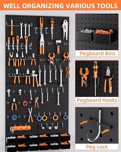 INCLY 158PCS Metal Pegboard Wall Organizer, 48x24 Inch Black Pegboard Panels Tool Organizer Kit with Accessories Hooks and Bins, Peg Board Utility Tool Storage for Garage Workbench Shed in Saudi Arabia