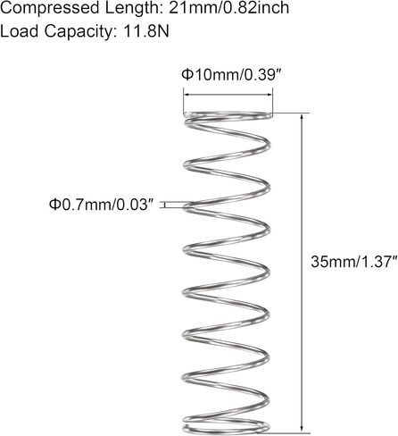 uxcell Compression Spring,304 Stainless Steel,10mm OD,0.7mm Wire Size,9mm Compressed Length,50mm Free Length,11.8N Load Capacity, Silver Tone,5pcs in Saudi Arabia