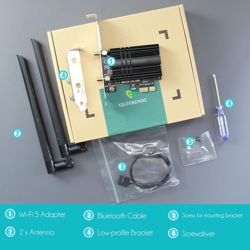 بطاقة واي فاي GLOTRENDS WiFi 6E AX5400 PCIe للكمبيوتر المكتبي، بلوتوث 5.3، WPA3، 802.11ax محول لاسلكي ثلاثي الموجات مع MU-MIMO، OFDMA، زمن استجابة منخفض للغاية، يدعم Windows 11، 10 (64 بت) in Kuwait