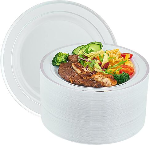Vplus 100 Piece Gold Plastic Plates, 10 Inch Disposable White Plate with Gold Rim Heavy Duty Plastic Party Plates, Elegant Durable Dinner Plates Ideal for Weddings& Parties in Kuwait