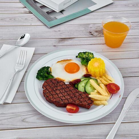 Vplus 100 Piece Gold Plastic Plates, 10 Inch Disposable White Plate with Gold Rim Heavy Duty Plastic Party Plates, Elegant Durable Dinner Plates Ideal for Weddings& Parties in Kuwait