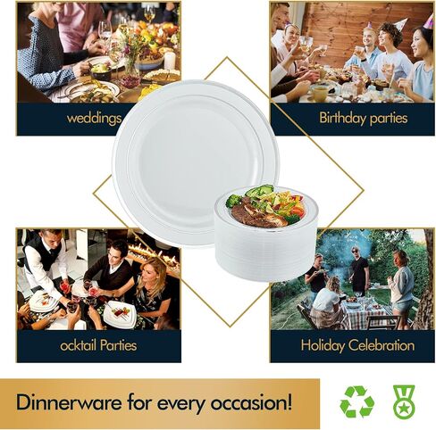 Vplus 100 Piece Gold Plastic Plates, 10 Inch Disposable White Plate with Gold Rim Heavy Duty Plastic Party Plates, Elegant Durable Dinner Plates Ideal for Weddings& Parties in Kuwait