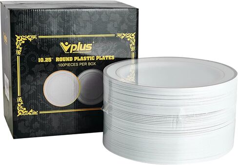 Vplus 100 Piece Gold Plastic Plates, 10 Inch Disposable White Plate with Gold Rim Heavy Duty Plastic Party Plates, Elegant Durable Dinner Plates Ideal for Weddings& Parties in Kuwait