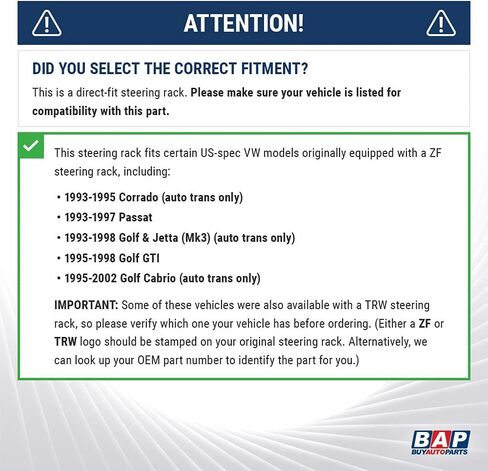 رف التوجيه وترس كهربائي لسيارات Volkswagen VW Golf GTI Cabrio Jetta Mk3 Corrado Passat يستبدل ZF - BuyAutoParts 80-00709AN جديد in Saudi Arabia