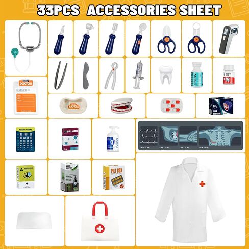 Doctor Kit for Kids, 33PCS Pretend Doctor Playset for Kids with Costume and Stethoscope, Role Play Medical Kit for Girls Boys Toddlers 1-3 3-5 Birthday Gifts in Kuwait