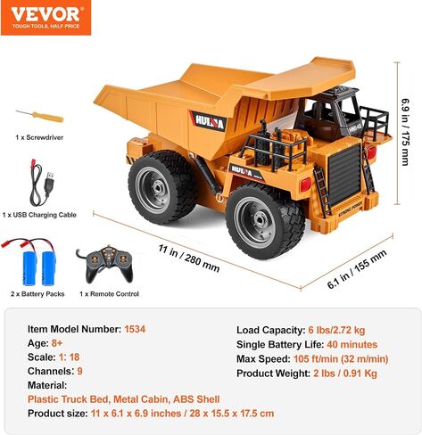 لعبة حفارة التحكم عن بُعد في Vevor ، 11 قناة ، 1:20 Scale Control Digger Toy ، حفارة RC مع الأضواء والأصوات ، مركبات البناء الوظيفية الكاملة للأطفال ، بطاريتين ، هدية عيد ميلاد in Kuwait